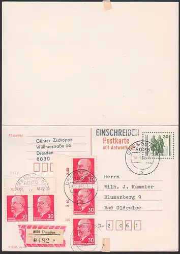 Walter Ulbricht und DM-Ausgabe R-Doppel-GA 30 Pf. (5) mit Wz. Y DDR 935Y VGO nach VGW portogenaue Verwendung
