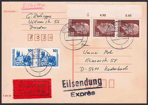 Walter Ulbricht und DM-Ausgabe Meißen Albrechtsburg Eilsendung, 70 Pf. senkr. Rand-Dreierstr. VGO nach VGW portogenau