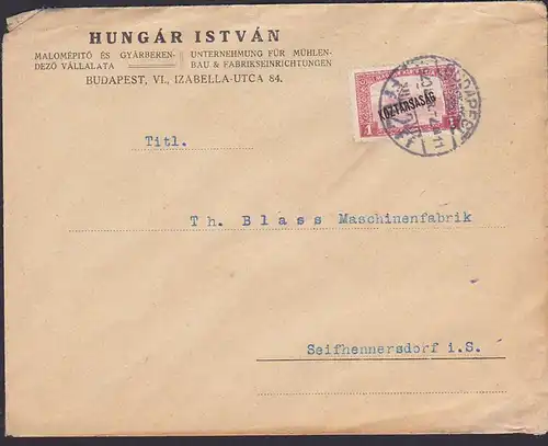 Budapest Brief, Hungar Istvan Mühlenbau nach Deutschland Seifhennersdorf