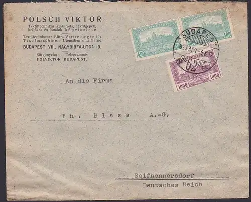 Budapest Brief, Polsch Viktor Textilmaschinen nach Deutschland Seifhennersdorf
