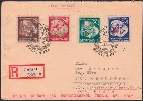 Weltfestspiele Jugend und Studenten Berlin N24 1951, DDR 289/92 R-Brief SoSt. 10.8.51 nach Chemnitz