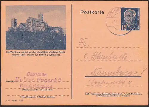 Wartburg, wo ..  Eisenach Bildpostkarte 12 Pfg. W. Pieck GA P47 /04, Luther schuf hier einheitliche deutsche Schrift