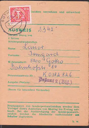 Sammlerausweis in grün Gotha mit 2 M Wappen DDR 2550, Z1 Postamt 2 (Bhf.)