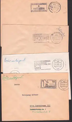 Sangerhausen, Dresden, Berlin je Postsache mit MWSt. 1981, 1982, Parteitag LDPD, Sojus 31, Buntmetallzentrum, Bebria