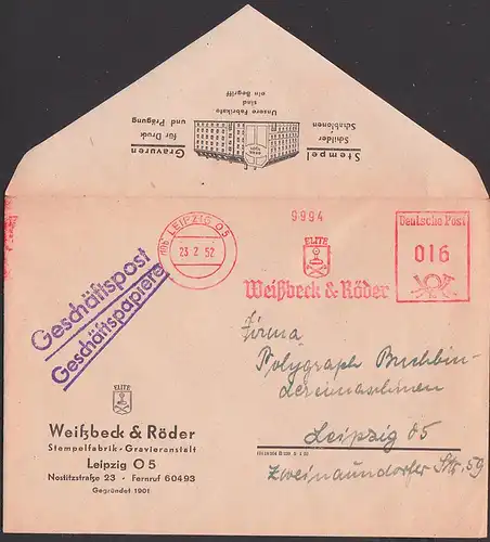 Germany AFS =016= Leipzig 1952, Weißbeck & Böcker Stempelfabrik Gravieranstalt Ortsbrief Logo ELITE