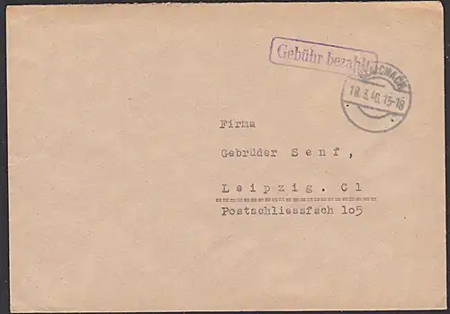 BLAICHACH /Allgäu 18.3.46 in die SBZ 'Gebühr bezahlt' Brief Barfrankatur