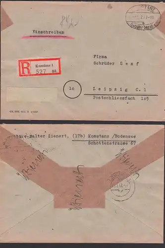 Konstanz E-Fernbrief Gebühr bezahlt Barfrankatur 11.2.47 Einschreiben