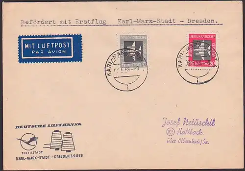 Erstflug 1958  Deutsche Lufthansa Kranich von Karl-Marx-Stadt nach Dresden Spindel Textilstadt
