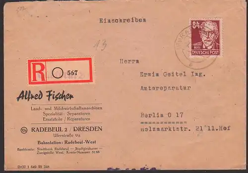 Radebeul, R-Brief, Aushilfs-R-Zettel 84 Pf. August Bebel nach Berlin 7.1.50