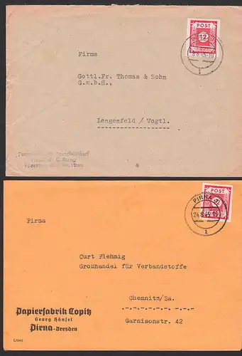 Ost-Sachsen 12 Pf. zwei Fernbriefe aus Pirna August 1945 SBZ 46, Papierfabrik Copitz G. Hänsel, Pappenwerk Porschendorf