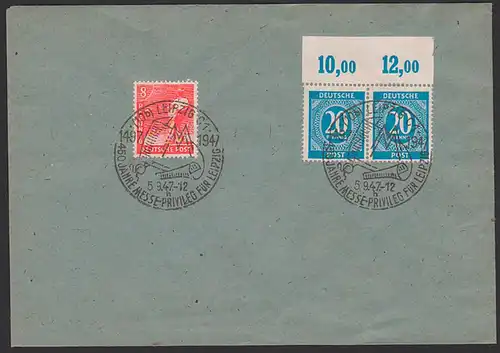 Ziffern 20 Pf im Paar mit nicht durchgezähnten Oberrand, Mi. 924 P OR ndgz  SoSt. Leipzig messe Porto f. Fern-Doppel-Bf