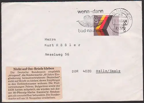 Bad Nauheim Postkrieg ohne Beanstndung auf Brief in die DDR mit Nr. 1265 Eingliederung 18.11.85, Zeitungsausschnitt