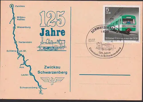 Eisenbahn railway 125 Jahre Zwickau Schwarzenberg SoSt. mit Dampflok Gedenkkarte, rs. Druckvermerk