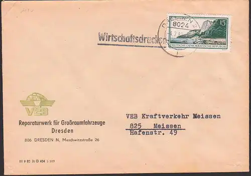 Dresden 15 Pfg. Königsstuhl Rügen, DDR 1180 Wirtschaftsdrucksache, Reparaturwerk f. Großraumfahrzeuge