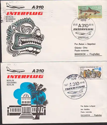 INTERFLUG 2 SoSt. Erstflug nach Bangkok bzw. Havanna, 50 Pfg. Barbe DDR 3099, 50 Pf. Messe 1987 DDR 3081
