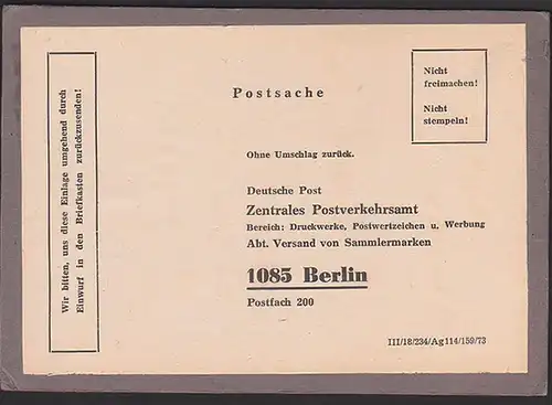 Postsache Karton als Verstärkung zum Versand der Sammlermarken aus Berlin zweiseitig mit Dv III/18/234/Ag 114/159/73