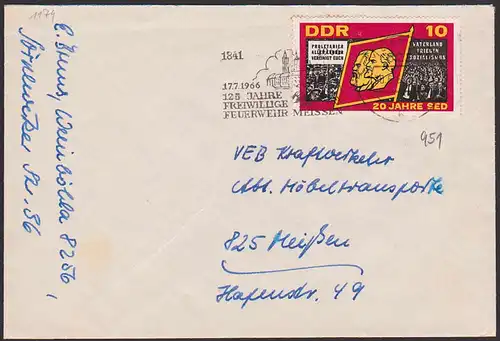 Freiwillige Feuerwehr 125 Jahre, MWSt. Meissen, mit DDR 951 20 Jahre SED, Albrechtsburg, Feuerwehrhelm