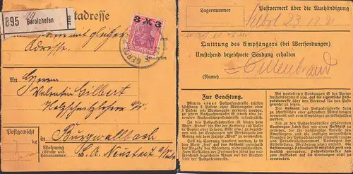 Gerolzhausen, Paketkarte 1921 Burgwallbach, 3 M auf 1 M Germania DR 155IIa