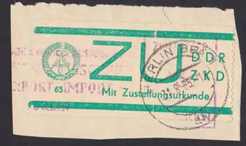 Germany East DDR ZKD E1 Zustellungsurkunde gestempelt used Briefstück, ZKD-AFS und OSt. Berlin 31.8.85