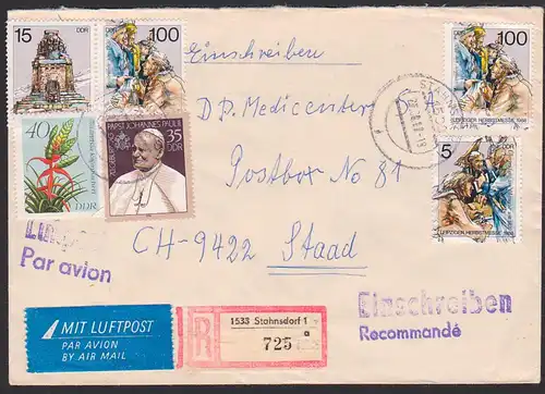 Stahnsdorf, Auslands-R-Brief, Zdr. 15 und 100 Pf Messeblock 1988, Völkerschlachtdenkmal, Papst Johannes Paul II.