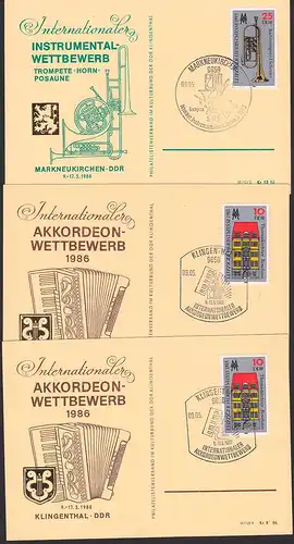 Klingenthal SoSt. Internationaler Akkordeonwettbewerb 1986, 3 Karten mit passendem Zudruck, Musik, Messe, Bachtrompete