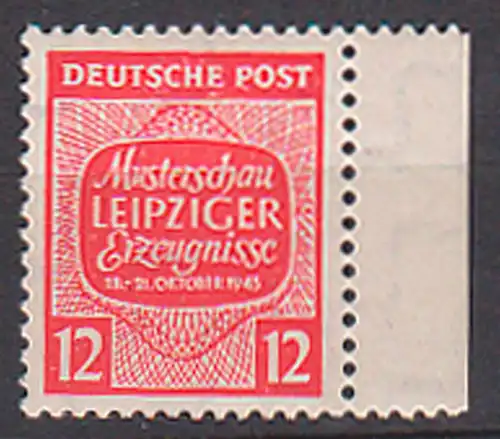 Musterschau Leipzig 1945 12 Pf SBZ 125X - bessere Wasserzeichen, Randstück, postfrisch