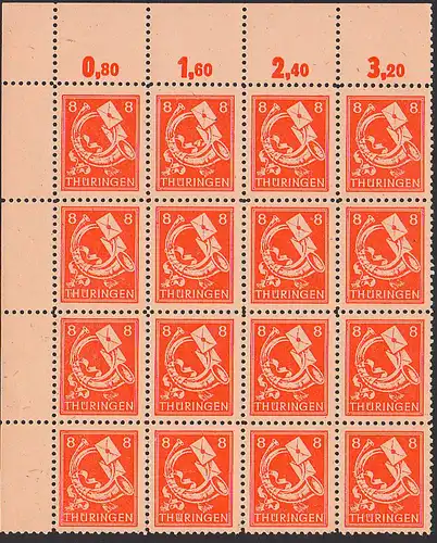 Thüringen 8 Pf. in großer Einheit postfrisch, Posthorn und Brief, Perforation bei 3., 4. und 13. Marke angetrennt