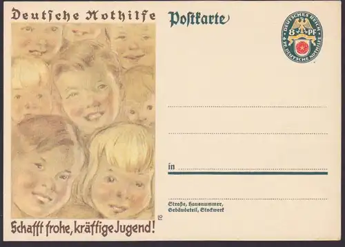 Deutsche Nothilfe "Schafft frohe, kräftige Jugend!" Ganzsachenkarte, ungebraucht Kinderköpfe