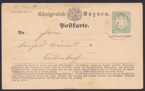 OBERDORF Ganzsache 2 Kreuzer 1874 Königreich Bayern nach Culmbach