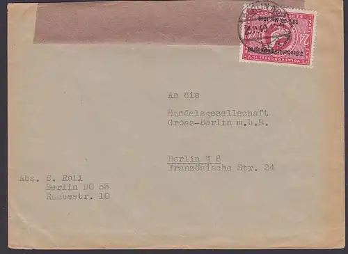 Berlin NO 55, 25.11.49, SBZ 24 Pfg. Volkskongress mit Aufdruck 3. Deutscher Volkskongress nach Berlin W8