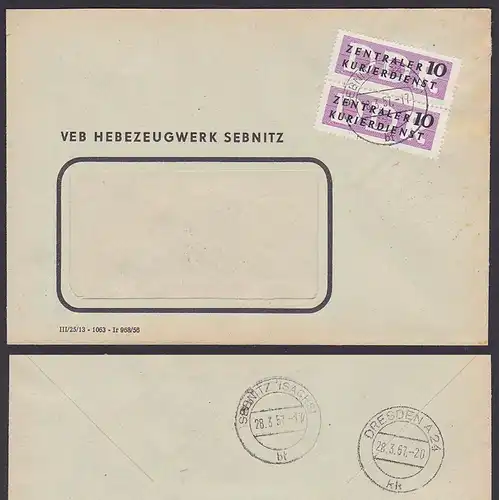 Sebnitz VEB Hebezeugwerk 1957, Zentraler Kurierdienst der DDR, ZKD-Brief Nr. B6(2) 10 Pfg.