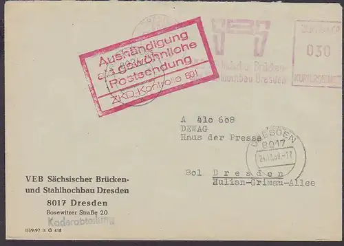 Dresden AFS Brücken- u. Stahlhochbau, 24.10.59 Ortsbrief, ZKD-Kontrolle 801 Aushändigung ..,