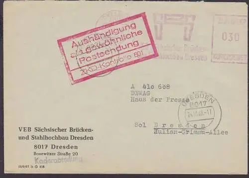 Dresden AFS Brücken- u. Stahlhochbau, 24.10.59 Ortsbrief, ZKD-Kontrolle 801 Aushändigung ..,