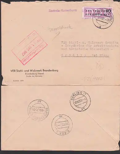 Brandenburg (Havel)  ZKD-Brief B12 (4002) links Doppeldruck Kreisaufdruck VEB Stahl- u. Walzwerk, 9.10.57