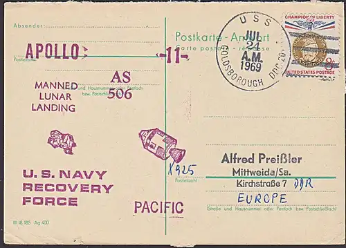 Goldsborough Weltraum Apollo AS 506 USA Best. Cachet U.S. NAVY  Recovery Force Pacific, Manned Lunar Landing
