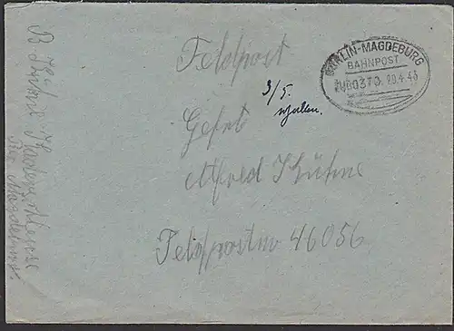 Bahnpost Berlin - Magdeburg aus Kaderschleuse DR Feldpost Brief 1943