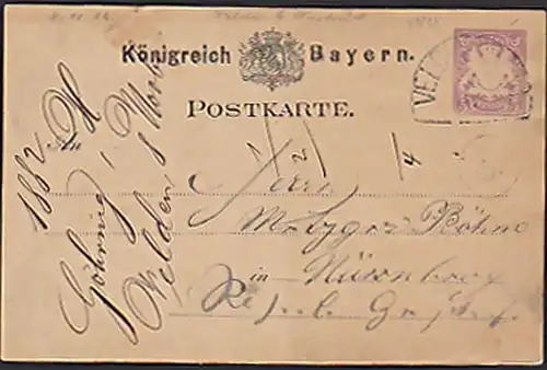 VELTEN b. HRSB 5 Pf Karte von 1882 nach Nürnberg, Königreich Bayern nach Würzburg, Hasbrück