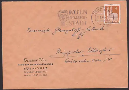 Köln. 27.3.50 "KÖLN 1900 Jahre STADT", Abs. Reise- und Versandbuchhandlung
