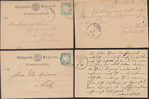 PLEINFELD 5 Pf Karte 1878 nach Fürth 2 Ganzsachen, Bavaria Bayern