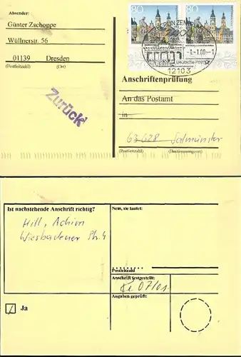 Gera 80 Pf. MiNr. 1772I , 2 Marken portogenau je mit Plattenfehler Anschriften-Prüfung