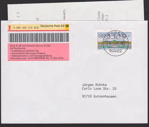 Potsdam Sanssuci Automatenmarke =11.10= Nürnberg R-Brief mit Eilzustellung 19.12.97, Einl.-Schein