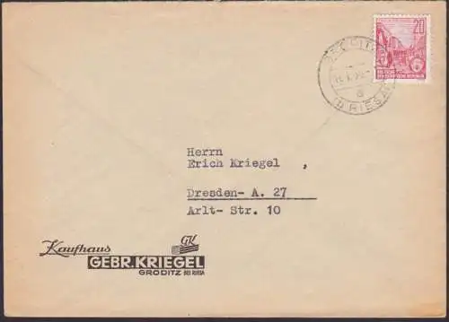Gröditz (b Riesa) 11.1.56 Abs. Kaufhaus Gebr. Kriegel, Fernbrief mit 20 Pf. Stalinallee Berlin