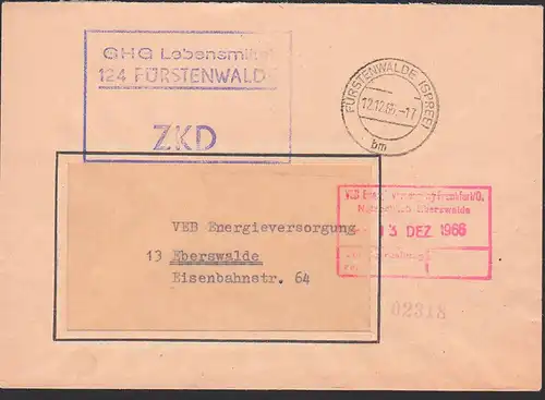 Fürstenwalde (Spree) R3 ZKD-Brief GHG Lebensmittel 12.12.66