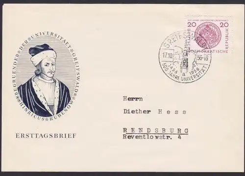 Greifswald SoSt. 500 Jahre Universität auf Schmuckumschlag Hinricus Rubenow und passende SoMke