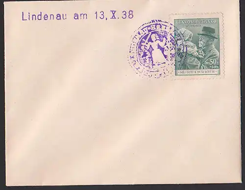 Lindenau, Lindava Sudetenland - sogenannte Befreiungsstempel 13. X. 1938 mit Sondermarke