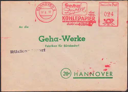 Hannover Rückantwort, AFS Geha Duplex das neue Kohlepapier 17.8.48, Abs. in Nürnberg Auskunftdatei, Vorauszahlung