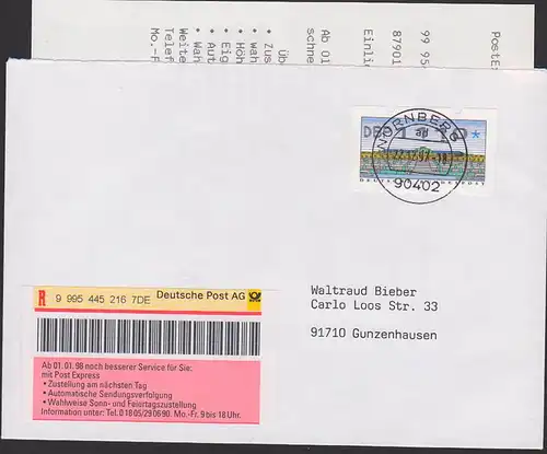 Potsdam Schloss Sanssouci Automatenmarke =11,10= R-Express-Brief mit Einl.-Schein, Nürnberg 22.12.97