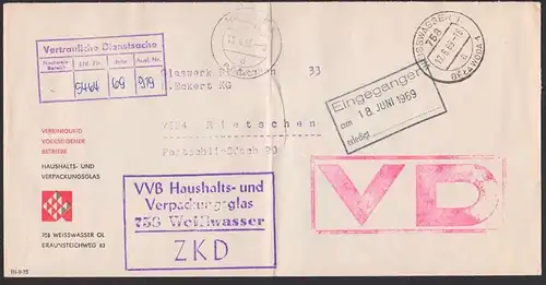 Weisswasser VD-Brief mit Nachweis-Stempel ZKD VVB Haushalts- und Verpackungsglas, zweisprachiger St. 17.6.69