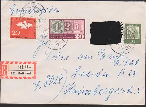 Rottweil R-Brief mit geschwärzter Vertreibung-Marke, Postkrieg Bund PK 479 nach Dresden