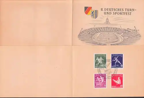 Leipzig II. Turn- und Sportfest 1956, 2 Klappkarten je mit  SoSt. 2.8.56, Fußball, Turner an den Ringen, Stadion